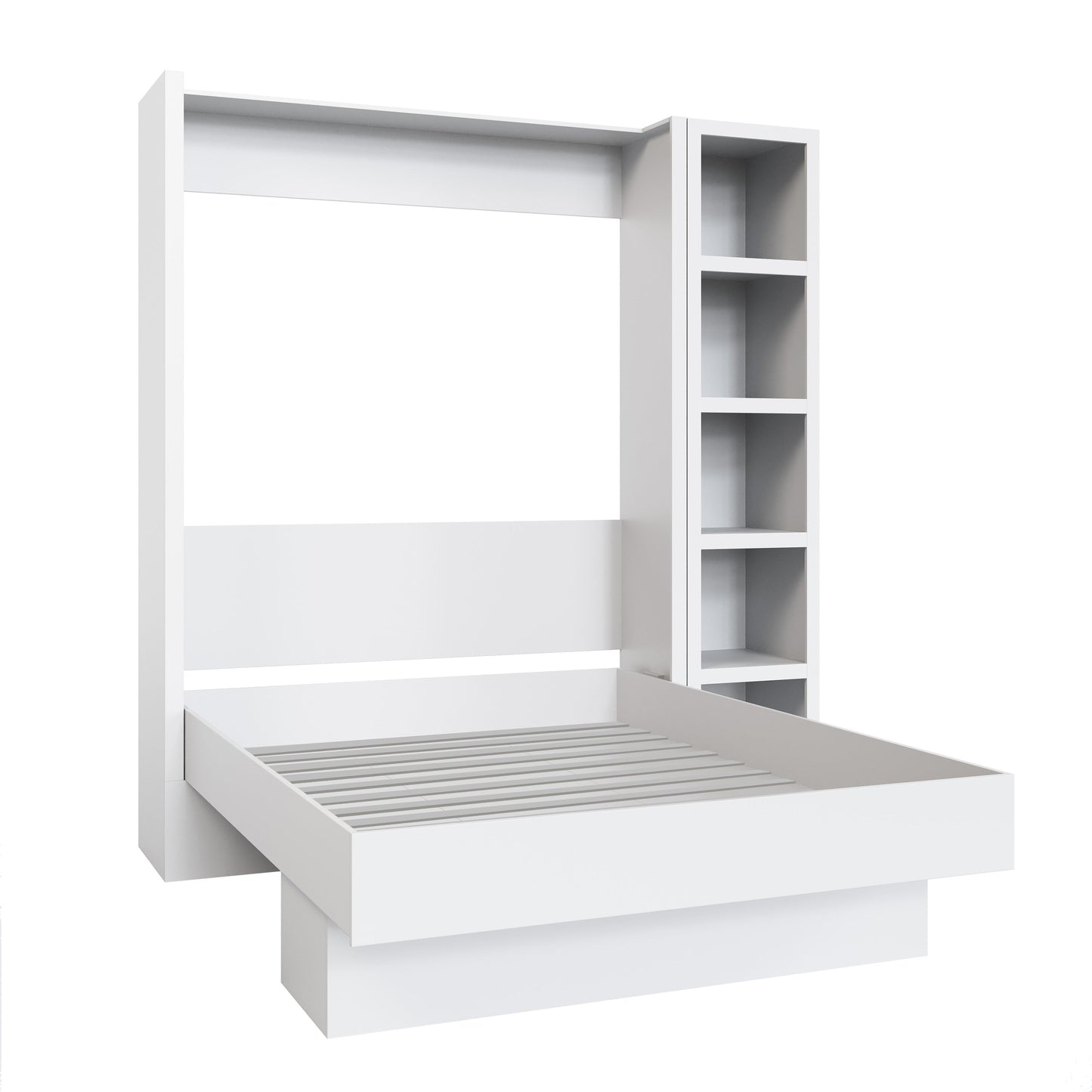 Easy-Lift Queen Murphy Wall Bed in White with Bookshelf