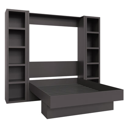 Easy-Lift Queen Murphy Wall Bed in Dark Grey with Two Bookshelves