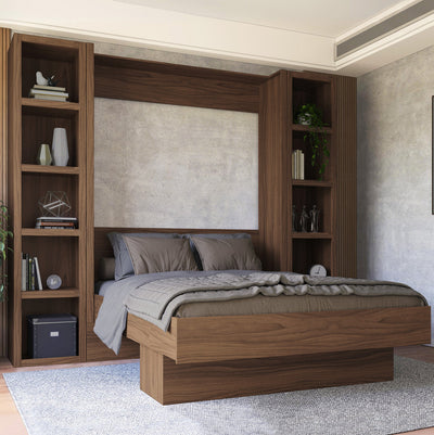 Easy-Lift Queen Murphy Wall Bed in Brown Wood Grain with Two Bookshelves