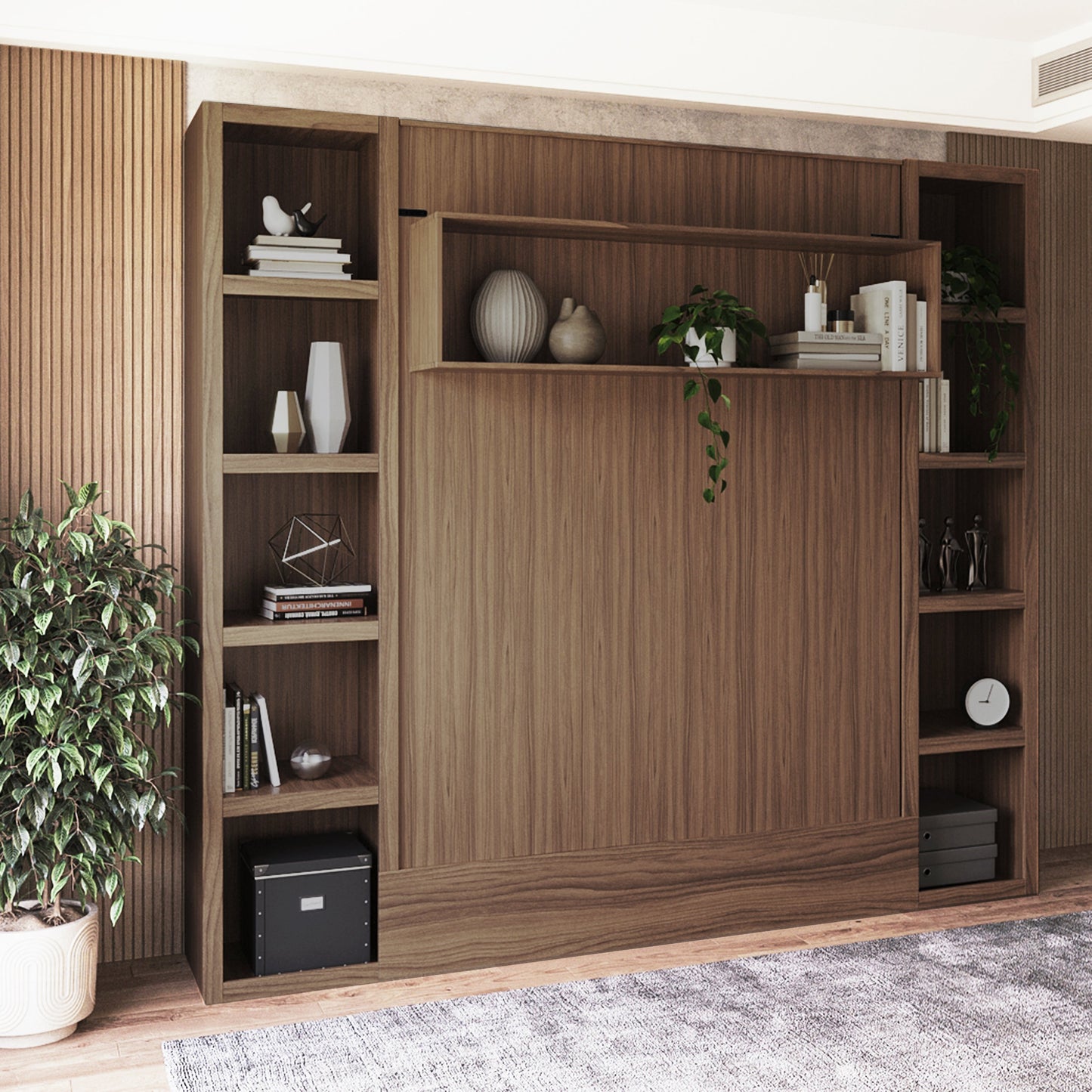 Easy-Lift Queen Murphy Wall Bed in Brown Wood Grain with Two Bookshelves