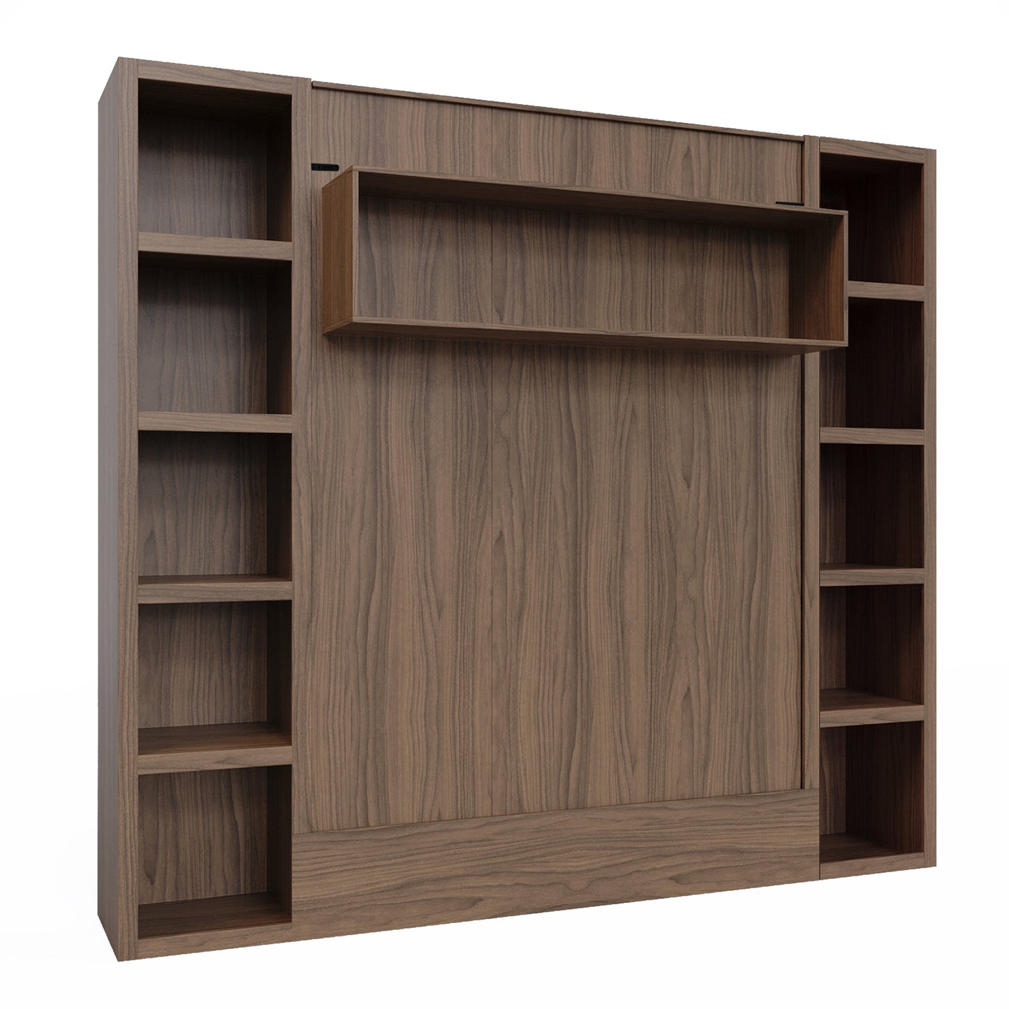 Easy-Lift Queen Murphy Wall Bed in Brown Wood Grain with Two Bookshelves