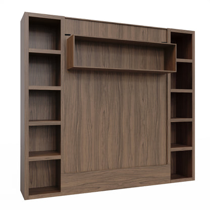 Easy-Lift Queen Murphy Wall Bed in Brown Wood Grain with Two Bookshelves