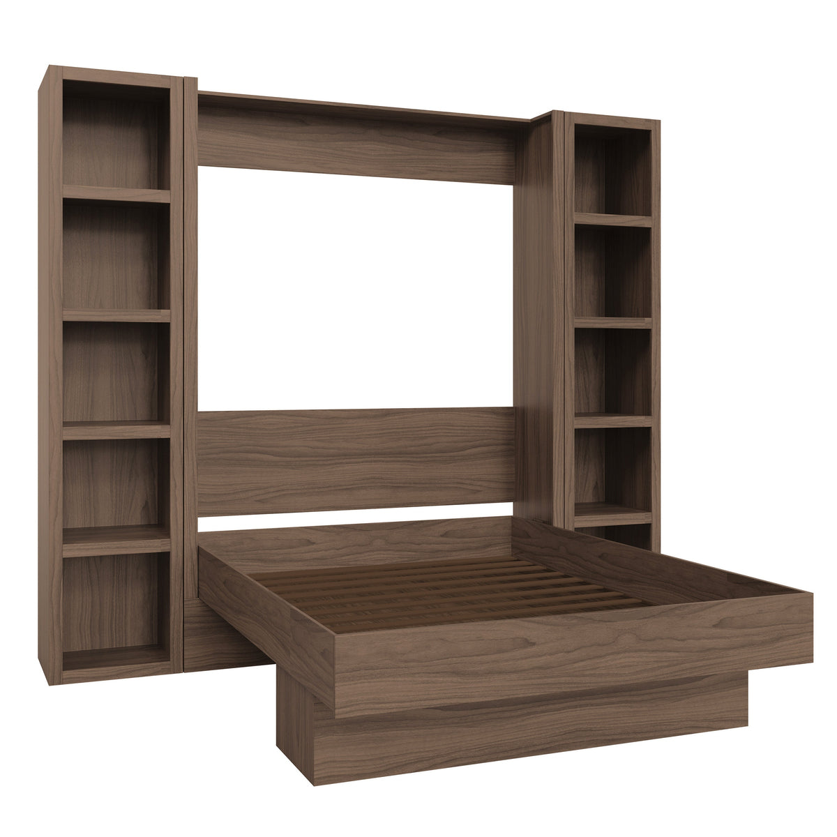 Easy-Lift Queen Murphy Wall Bed in Brown Wood Grain with Two Bookshelves