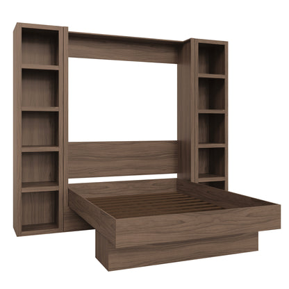 Easy-Lift Queen Murphy Wall Bed in Brown Wood Grain with Two Bookshelves