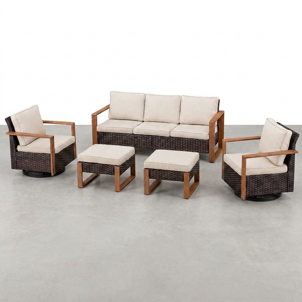 Luxury Outdoor Wicker Patio Furniture Set,5 Piece Deep Seating Outdoor Conversation Set with Patio Swivel Rocker Patio Chairs,Rattan Couch and Ottomans for Deck Porch Poolside — Studio Shot