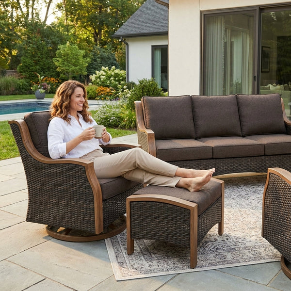Outdoor Patio Furniture Set Built for All-Weather Entertaining, 5 Piece Deep Seating, Swivel Rockers, Fire Pit