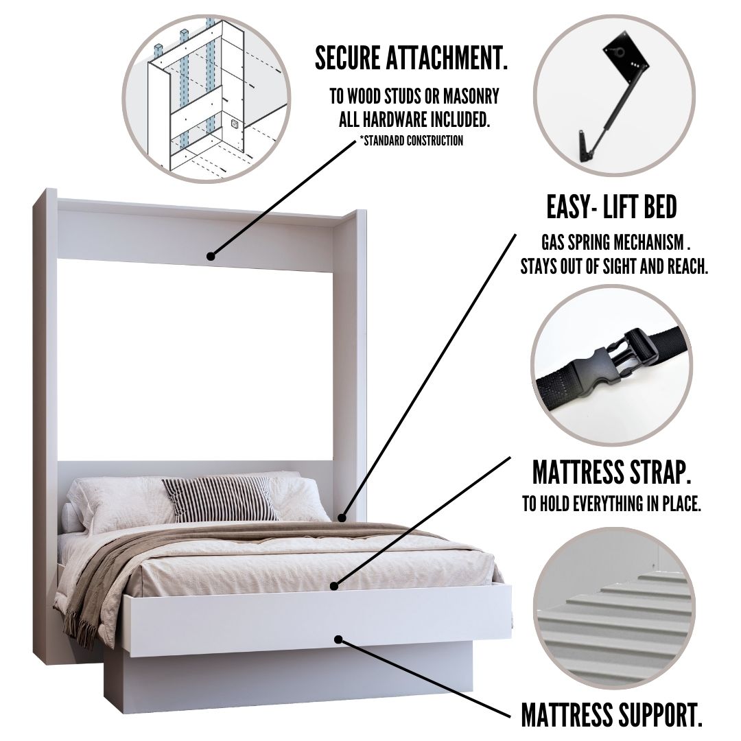 Easy-Lift Queen Murphy Wall Bed in White with Shelf