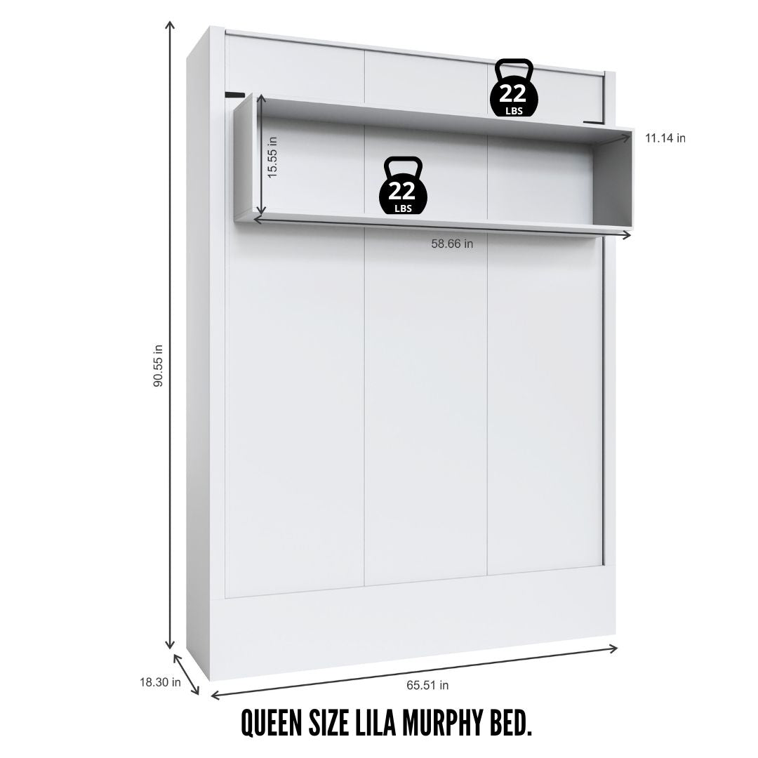 Easy-Lift Queen Murphy Wall Bed in White with Shelf