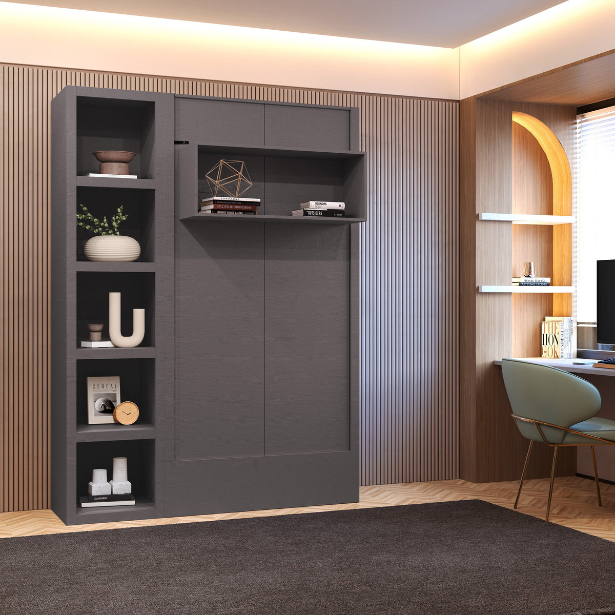 Easy-Lift Twin Murphy Wall Bed in Dark Grey with Bookshelf