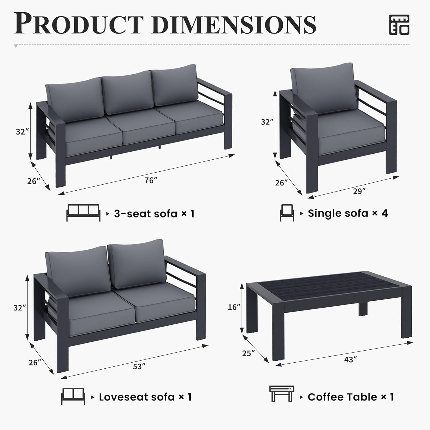 Aluminum Patio Furniture Set, 7 Piece Metal Outdoor Set, Patio Furniture Set with Waterproof Covers for Backyard Garden（Grey）