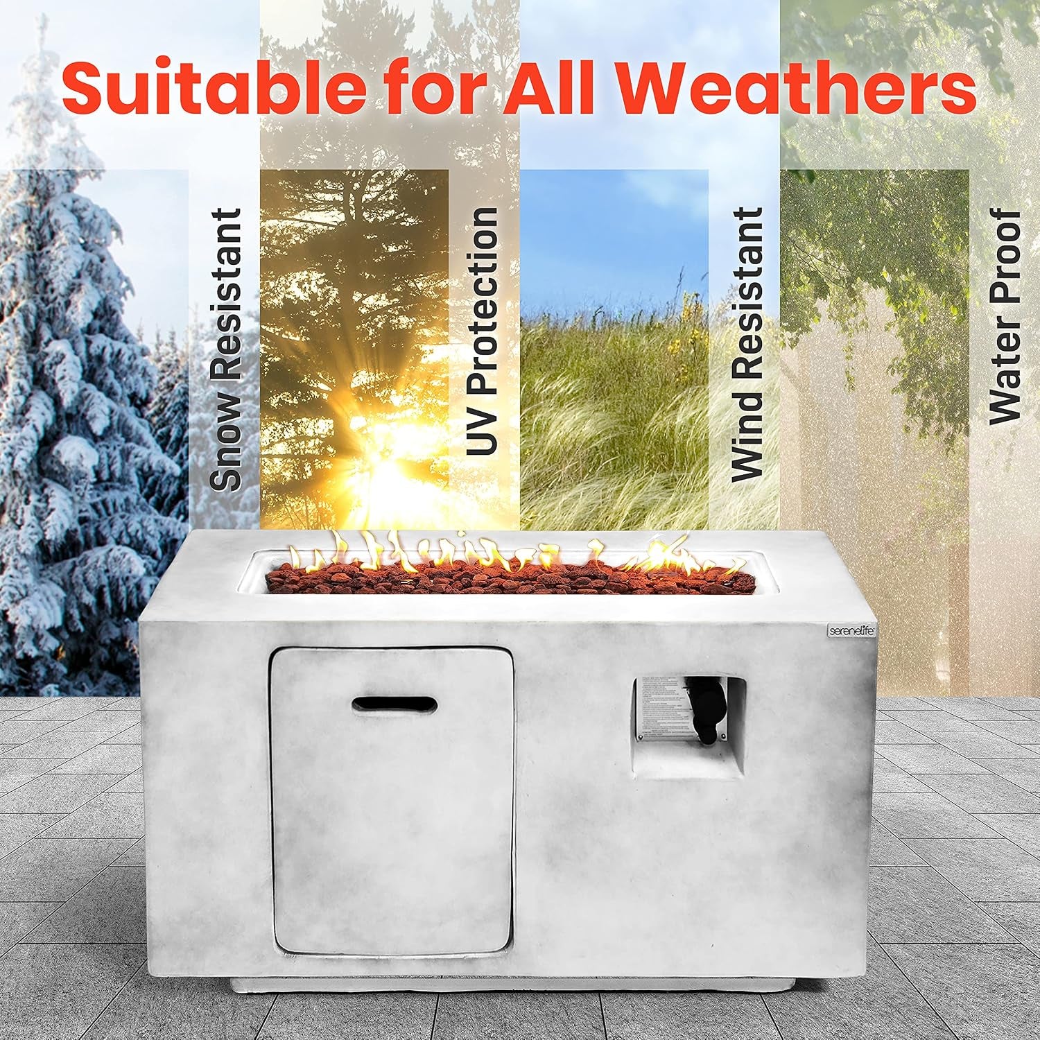 Concrete Outdoor Propane Fire Pit Table, 50,000 BTU Square Gas Fire Table with Adjustable Flame, Lava Rocks, Weather-Resistant Design, and Protective Cover for Patio, Deck, or Backyard
