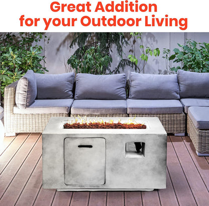Concrete Outdoor Propane Fire Pit Table, 50,000 BTU Square Gas Fire Table with Adjustable Flame, Lava Rocks, Weather-Resistant Design, and Protective Cover for Patio, Deck, or Backyard