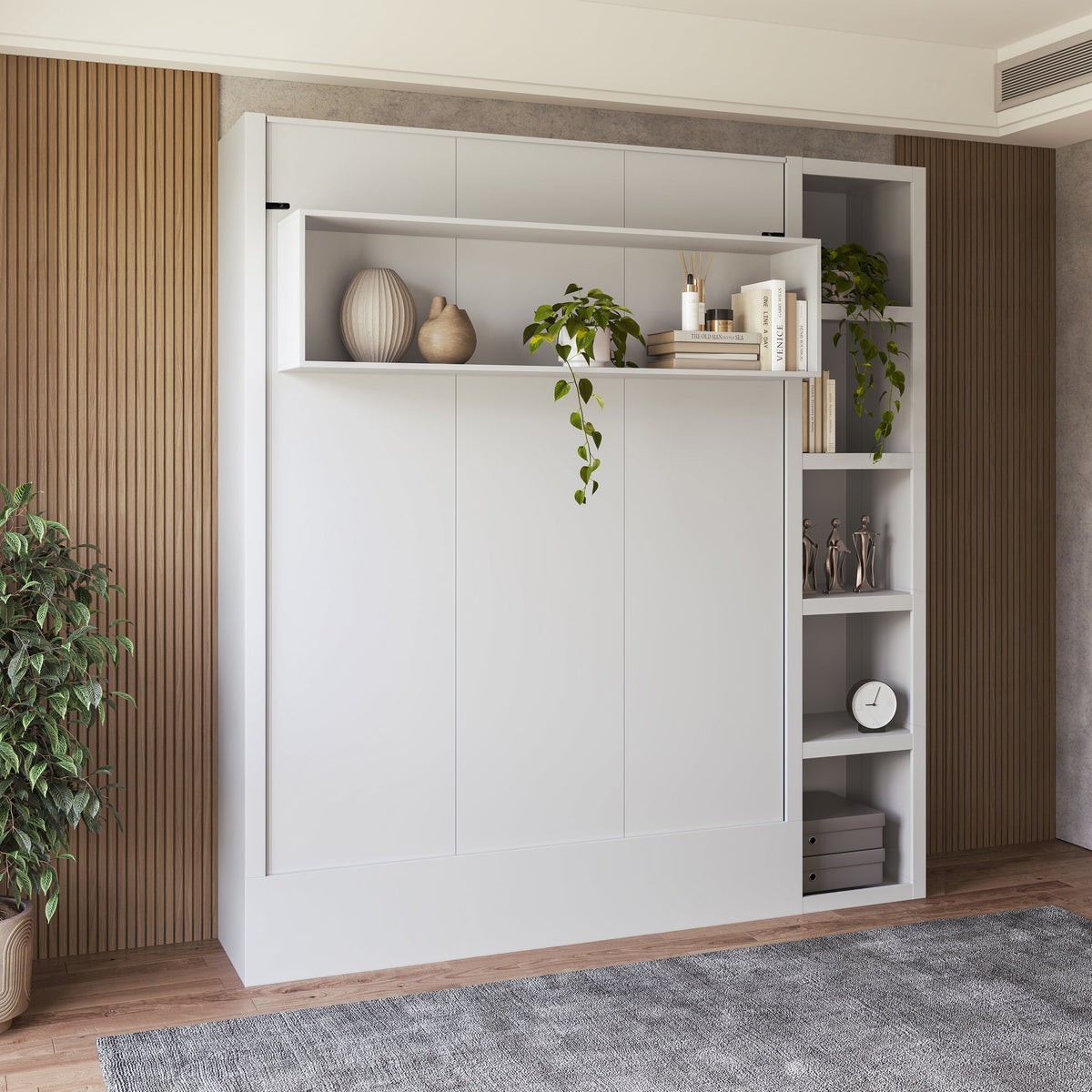 Easy-Lift Queen Murphy Wall Bed in White with Bookshelf