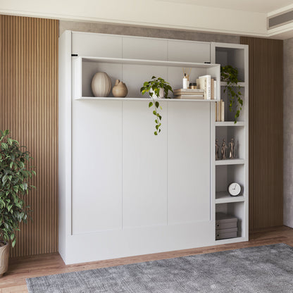Easy-Lift Queen Murphy Wall Bed in White with Bookshelf