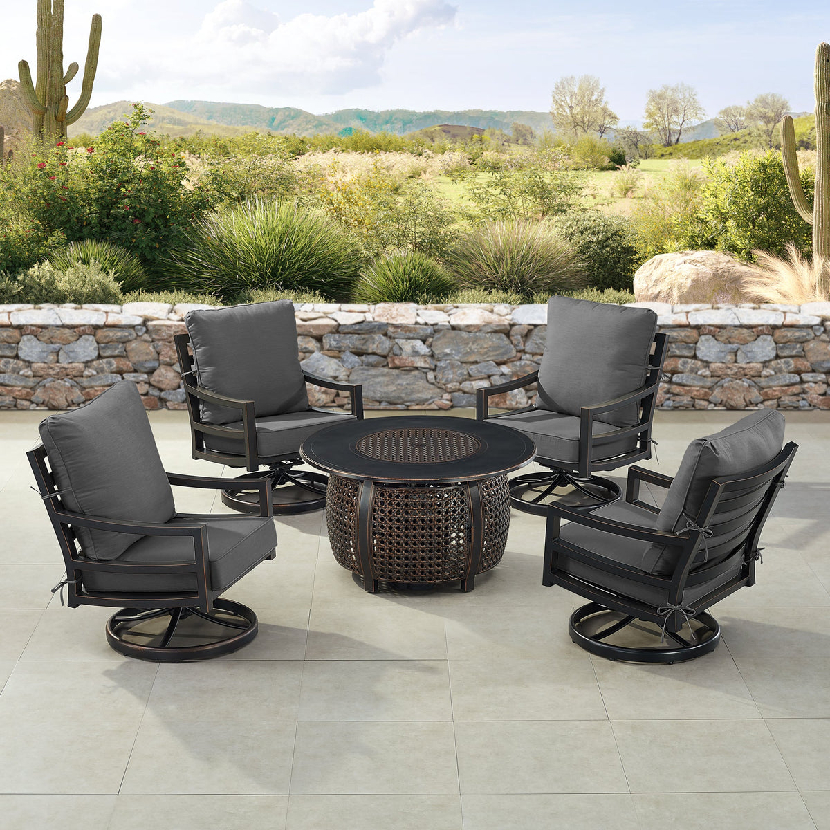 Black Aluminum Fire Table Set with Four Club Chairs