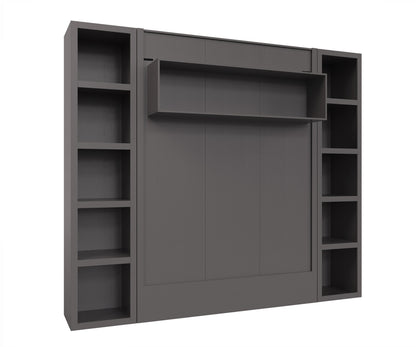 Easy-Lift Queen Murphy Wall Bed in Dark Grey with Two Bookshelves