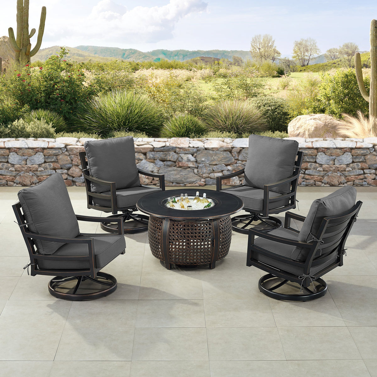 Black Aluminum Fire Table Set with Four Club Chairs