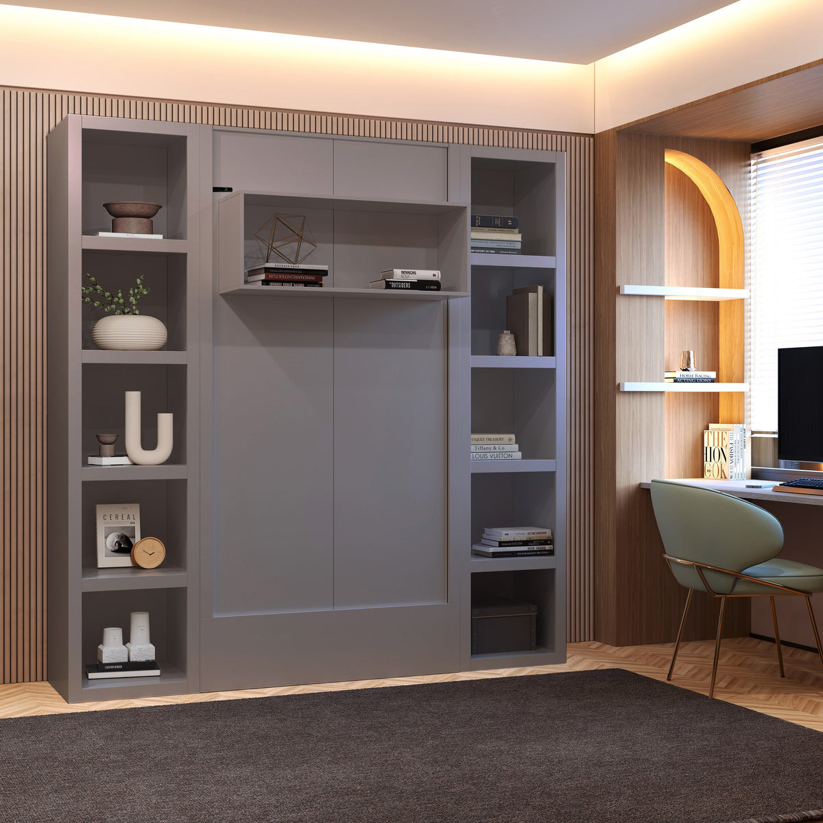 Easy-Lift Twin Murphy Wall Bed in Grey with Two Bookshelves