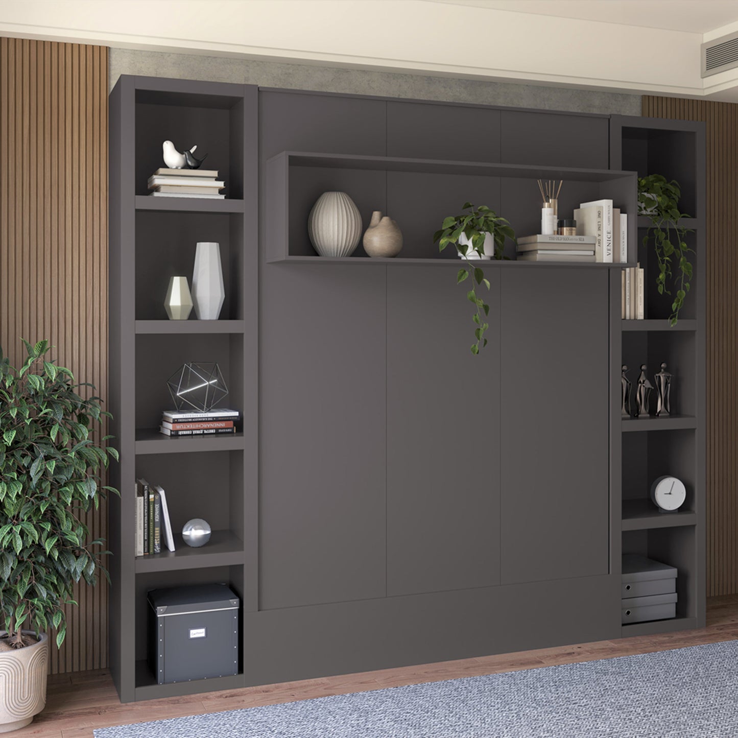 Easy-Lift Queen Murphy Wall Bed in Dark Grey with Two Bookshelves