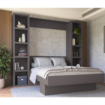 Easy-Lift Queen Murphy Wall Bed in Dark Grey with Two Bookshelves