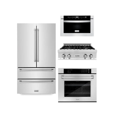 ZLINE Kitchen Package Refrigerator, Rangetop, Wall Oven, Microwave 4KPR-RT30-MWAWS